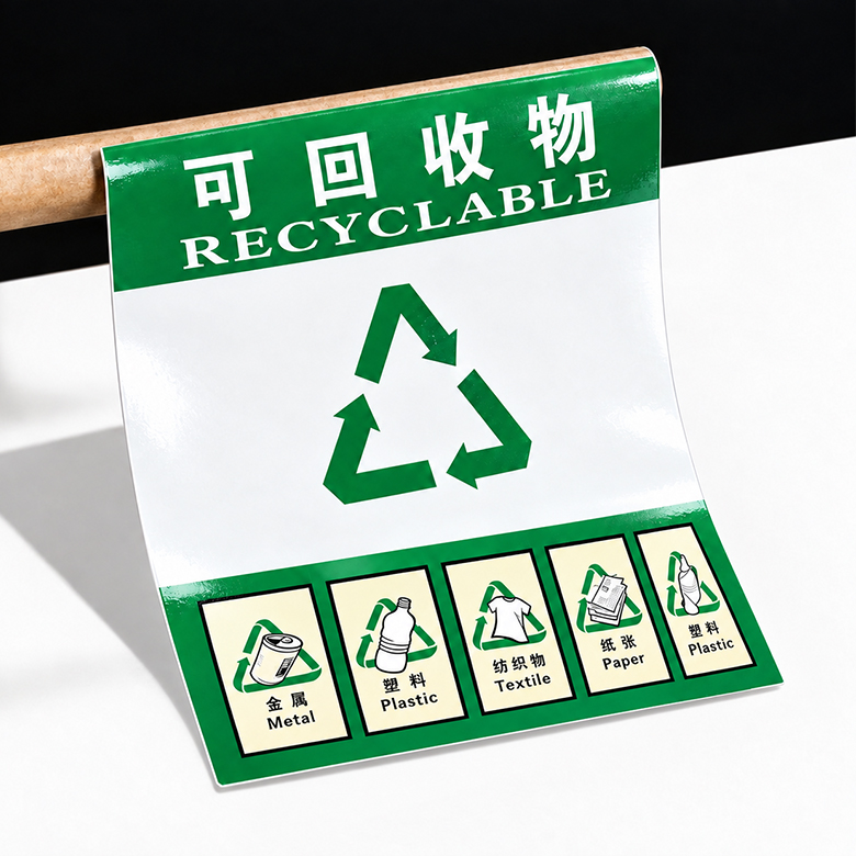 8丝光白覆亮膜模切PVC油胶定制垃圾桶贴金属部件贴线缆标识